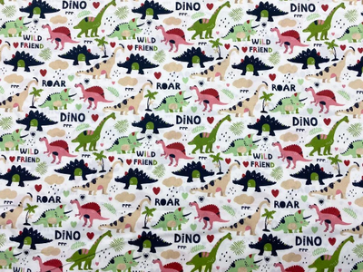 Baumwollstoff, Digitalprint, bunte Dinos auf weißem Hintergrund