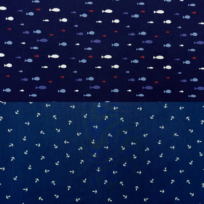 Baumwollstoff, Fische oder Anker auf dunkelblauem (Marine) Hintergrund