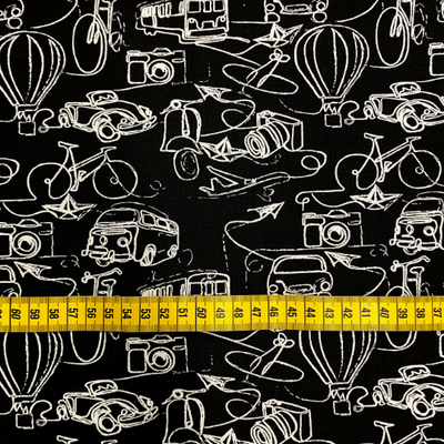 Jersey stoff - 16,00 EUR/m - schwarz/ weiß, Thema: Reisen mit geometrischen Linien, Fahrräder, Roller, Busse, Autos