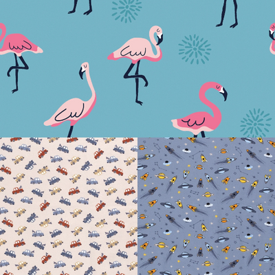Baumwolljersey, Flamingos, Raketen, Fahrzeuge, türkis, grau-blau, beige