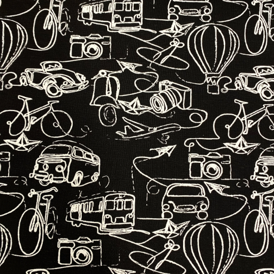 Jersey stoff - 16,00 EUR/m - schwarz/ weiß, Thema: Reisen mit geometrischen Linien, Fahrräder, Roller, Busse, Autos