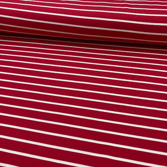 Jerseystoff, Viscose, weiße Streifen auf rotem Hintergrund