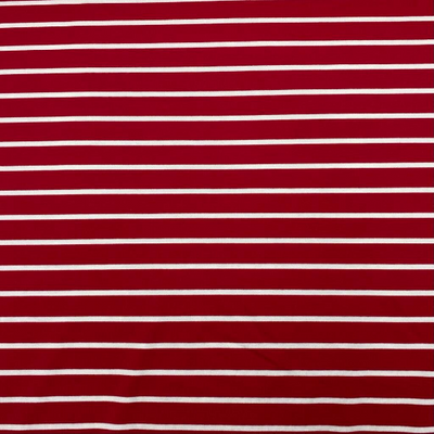 Jerseystoff, Viscose, weiße Streifen auf rotem Hintergrund