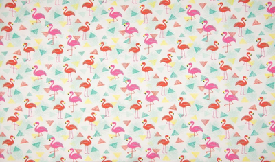 Jersey, Baumwollstoff, bunte Flamingos auf weißem Hintergrund